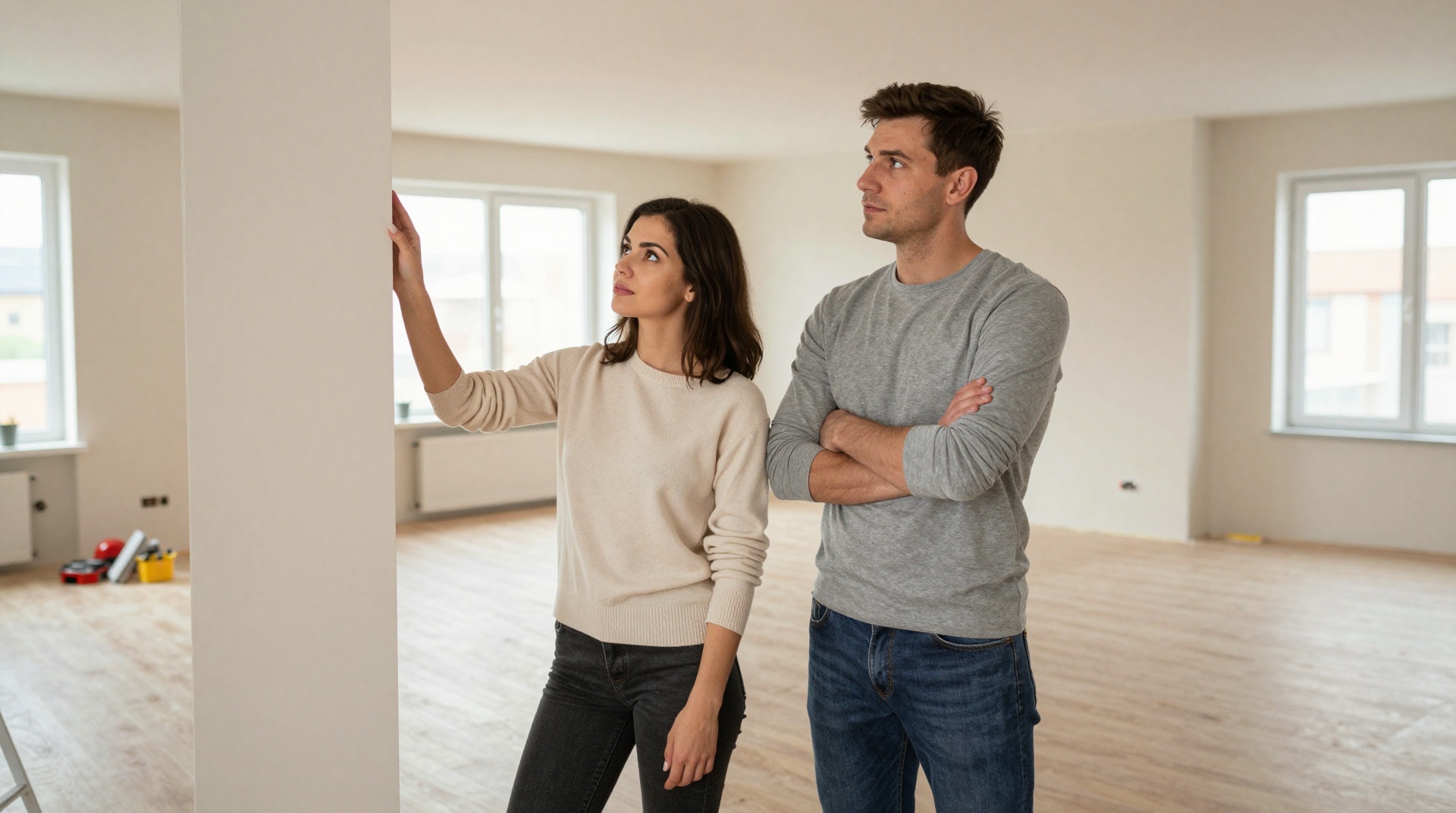 Ремонт квартиры 90 м²: проверка качества работ Пара осматривает качество ремонта в просторной квартире 90 квадратных метров